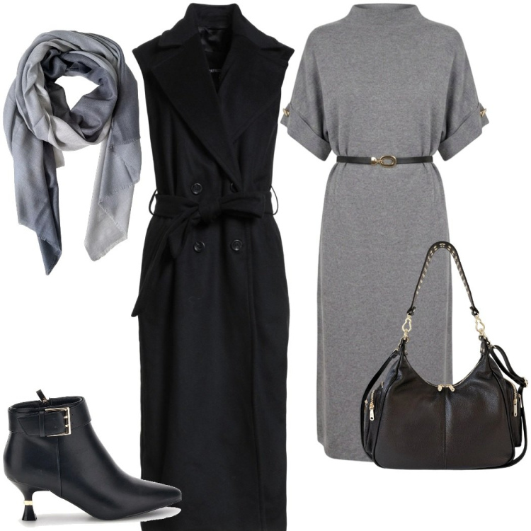 Outfit donna - Back to office chic. Stile Casual chic per Ufficio. Abbinamento con cappotti, foulard, borse a spalla, vestiti midi/longuette, stivaletti.