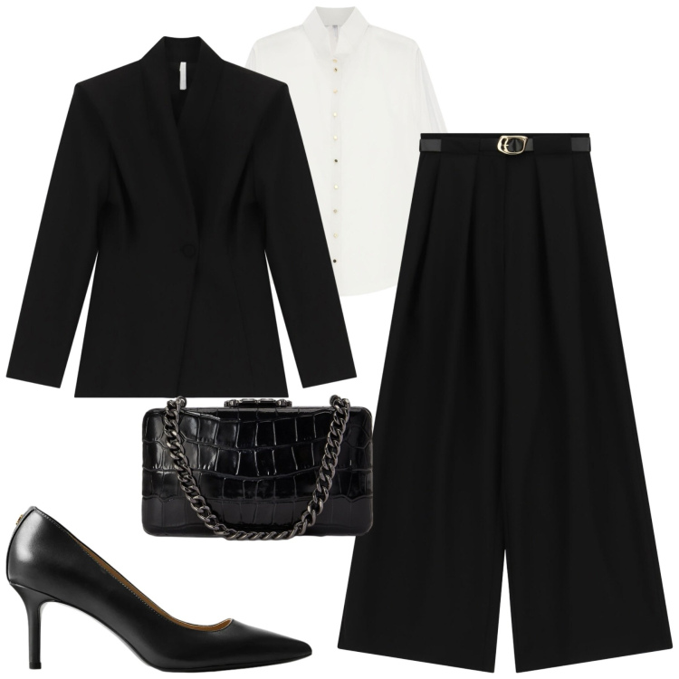 Outfit donna - B&W. Stile Chic per Tutti i giorni. Abbinamento con pantaloni a palazzo, blazer, camicie, décolleté, clutch.