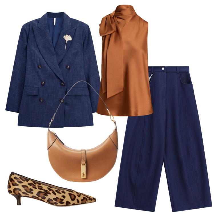 Outfit donna - Eleganza senza tempo. Stile Urban per Ufficio. Abbinamento con pantaloni a palazzo, blazer, borse a spalla, bluse, décolleté.
