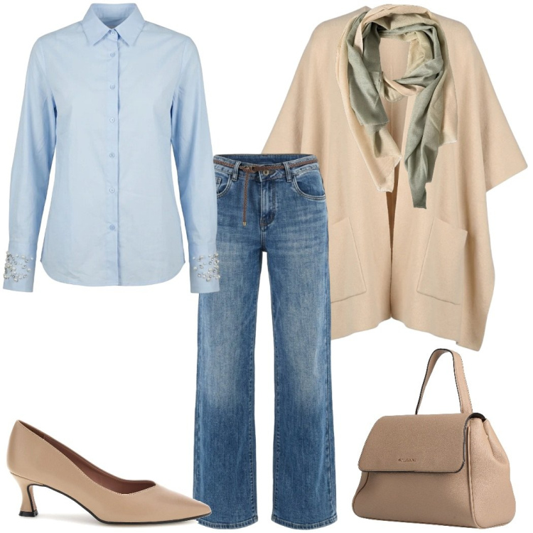 Outfit donna - Denim e colori neutri. Stile Casual chic per Tutti i giorni. Abbinamento con zaini, foulard, cappe, camicie, jeans, décolleté.