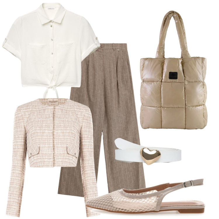 Outfit donna - Total look #2467396. Stile Chic per Ufficio. Abbinamento con pantaloni a palazzo, cinture, camicie a manica corta, blazer, shopping bag, ballerine.
