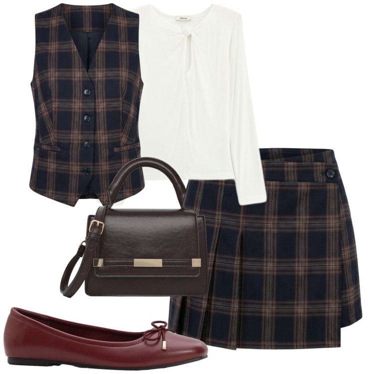 Outfit donna - City. Stile Preppy per Tutti i giorni. Abbinamento con ballerine, top, borse a tracolla, minigonne, gilet.
