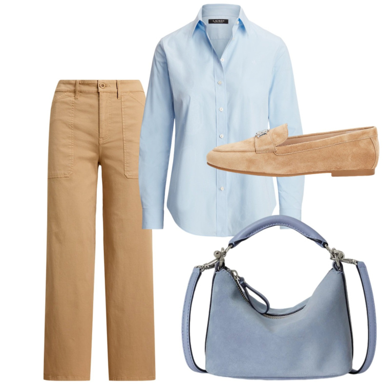 Outfit donna - La camicia azzurra maschile. Stile Basic per Tutti i giorni. Abbinamento con mocassini, pantaloni, borse a spalla, camicie.