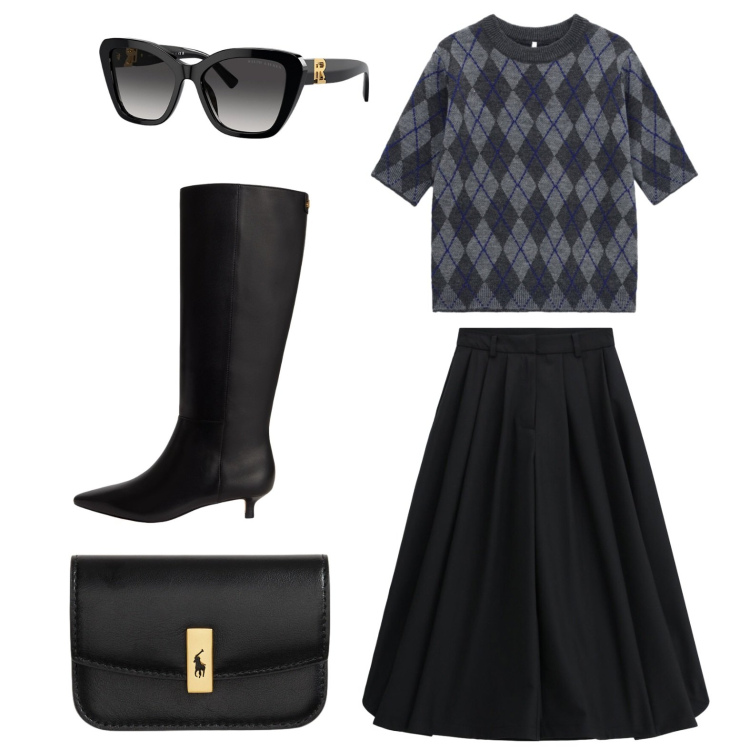 Outfit donna - La gonna a palloncino. Stile Trendy per Tutti i giorni. Abbinamento con maglieria, pantaloni culotte, occhiali da sole, portafogli, stivali.