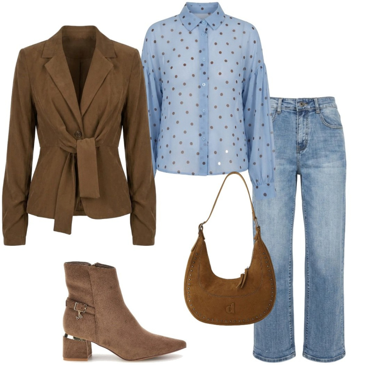 Outfit donna - Denim e colori neutri. Stile Casual chic per Tutti i giorni. Abbinamento con borse a spalla, blazer, camicie, jeans, stivaletti.