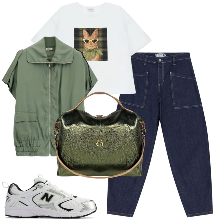 Outfit donna - Total look #2467405. Stile Casual per Tutti i giorni. Abbinamento con gilet, t-shirt, jeans, borse a mano, sneakers.