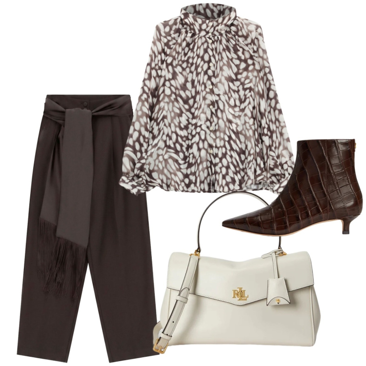Outfit donna - Il pantalone con fusciacca. Stile Glamour per Ufficio. Abbinamento con camicie, pantaloni a palazzo, borse a mano, stivaletti.