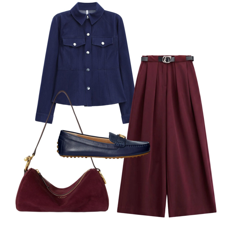 Outfit donna - Blu e bordeaux. Stile Casual per Ufficio. Abbinamento con pantaloni a palazzo, camicie, borse a spalla, mocassini.