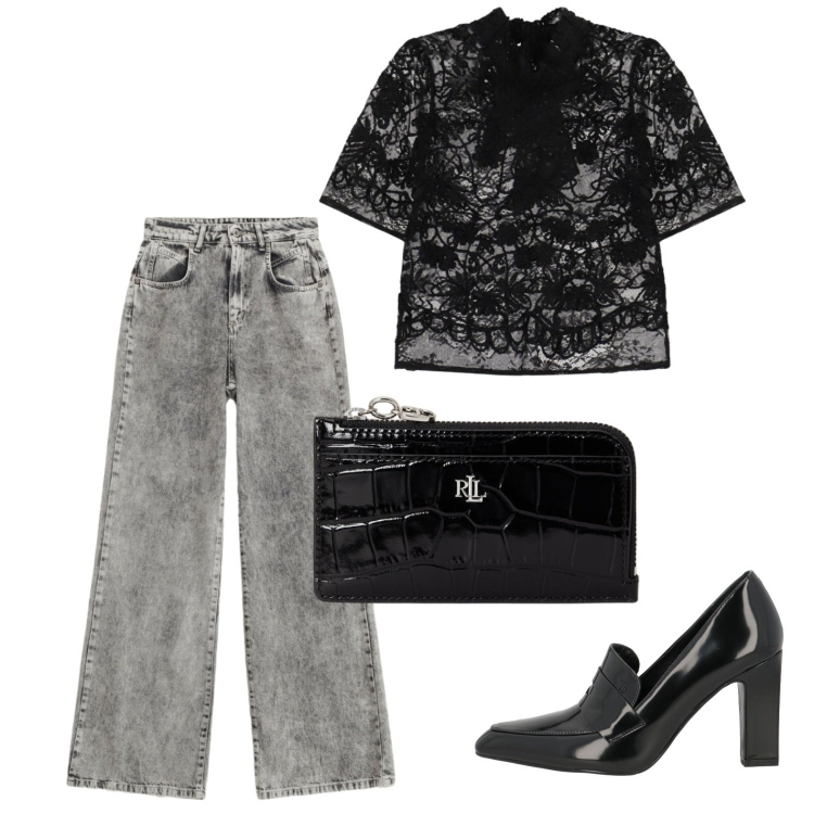 Outfit donna - La blusetta di pizzo. Stile Glamour per Serata fuori. Abbinamento con mocassini, top, jeans, portafogli.