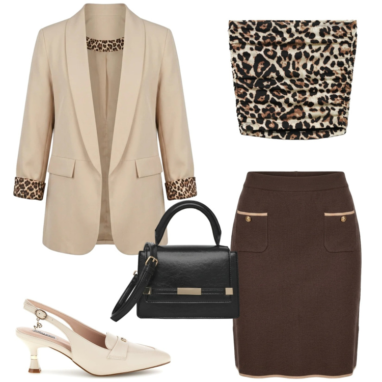 Outfit donna - Settembre. Stile Chic per Serata fuori. Abbinamento con top, borse a spalla, blazer, gonne, décolleté.