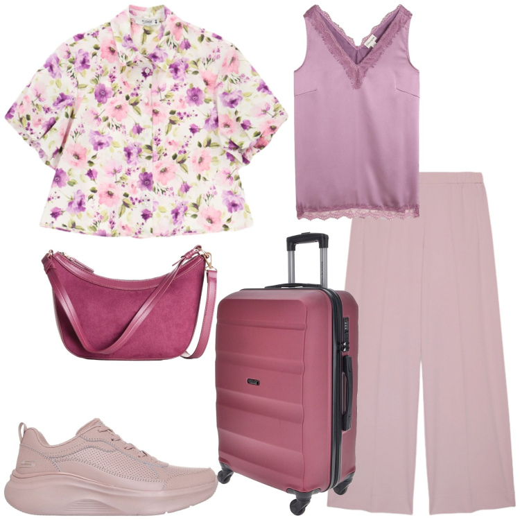 Outfit donna - Rientro dalle vacanze. Stile Casual per Tutti i giorni. Abbinamento con borse a tracolla, top, camicie a manica corta, pantaloni, sneakers, valigie.