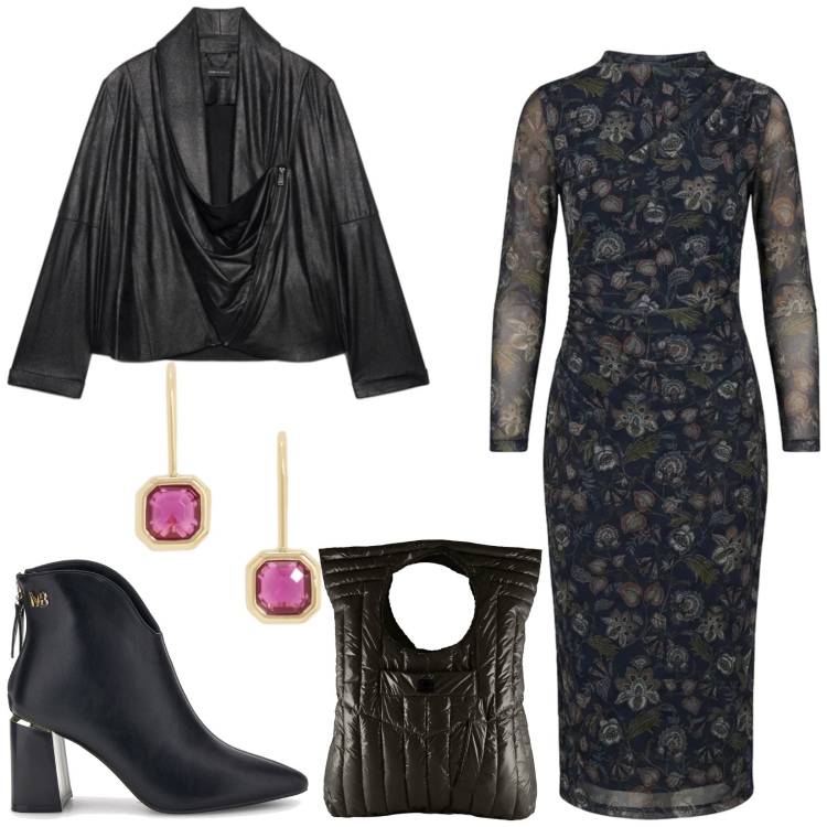Outfit donna - Total look #2467422. Stile Chic per Serata fuori. Abbinamento con blazer, borse a mano, vestiti midi/longuette, orecchini, stivaletti.
