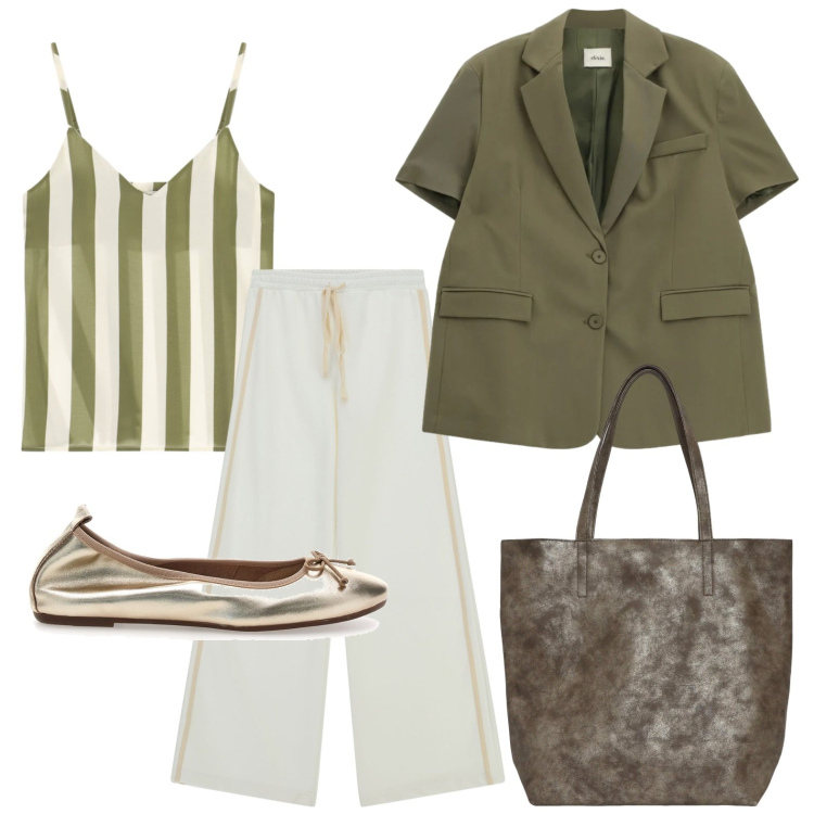 Outfit donna - Ultime giornate estive. Stile Casual per Ufficio. Abbinamento con pantaloni a palazzo, blazer, top, shopping bag, ballerine.