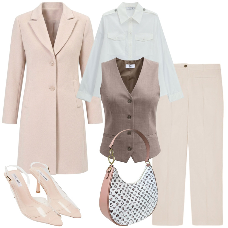 Outfit donna - Total look #2467429. Stile Chic per Ufficio. Abbinamento con sandali col tacco, gilet, cappotti, camicie, pantaloni, borse a spalla.
