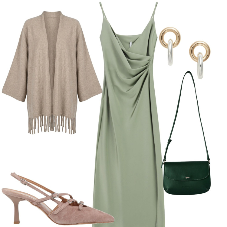 Outfit donna - Total look #2467443. Stile Casual chic Abbinamento con décolleté, borse a tracolla, vestiti midi/longuette, kimono, orecchini.