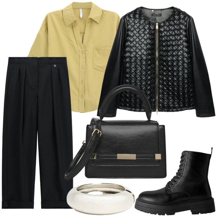 Outfit donna - Camicia luminosa. Stile Rock per Scuola/Università. Abbinamento con camicie a manica corta, anfibi, borse a spalla, pantaloni, blazer, braccialetti.