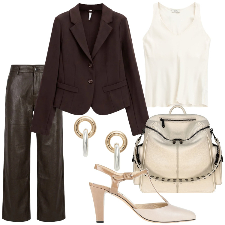 Outfit donna - Modalità skin. Stile Glamour per Serata fuori. Abbinamento con décolleté, blazer, canottiere, zaini, pantaloni a palazzo, orecchini.