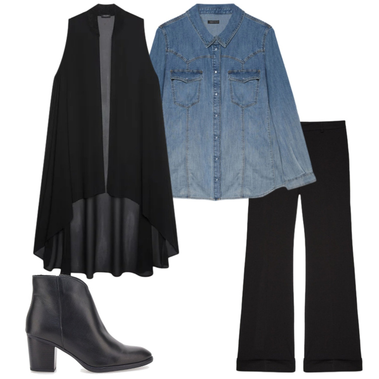 Outfit donna - Aperitivo di settembre. Stile Casual chic per Serata fuori. Abbinamento con gilet, pantaloni, camicie, stivaletti.