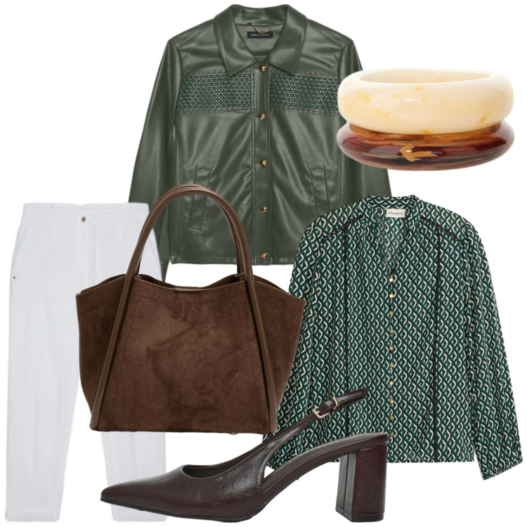 Outfit donna - Fantasie di stampa. Stile Casual per Ufficio. Abbinamento con tuniche, braccialetti, décolleté, pantaloni, blazer, borse a spalla.