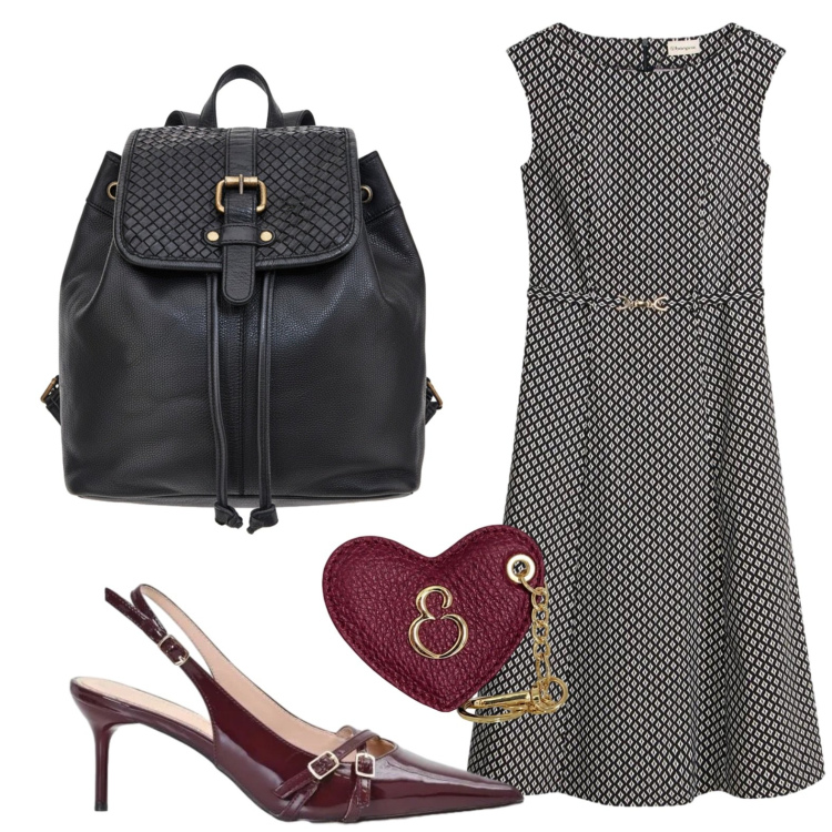Outfit donna - Tubino classico. Stile Casual per Ufficio. Abbinamento con vestiti, décolleté, portachiavi, zaini.