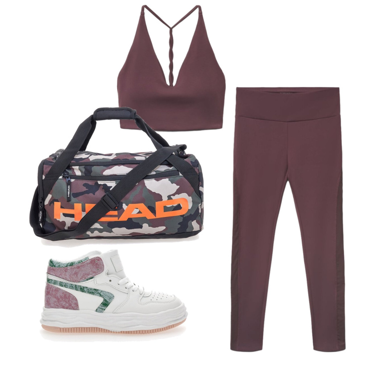 Outfit donna - Settembre. Stile Sporty chic per Sport. Abbinamento con vestiti da spiaggia, top sportivi, leggings sportivo, borse sportive, sneakers.