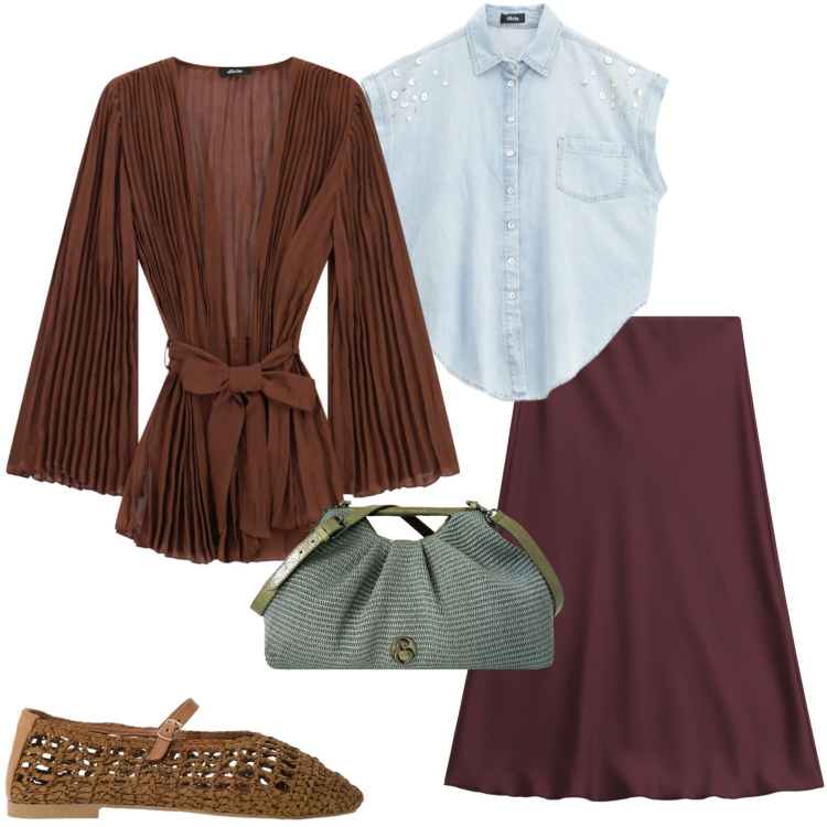 Outfit donna - Aperitivo di settembre. Stile Casual chic per Serata fuori. Abbinamento con gonne longuette, kimono, ballerine, camicie, clutch.