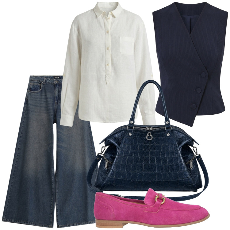Outfit donna - Mocassini vivaci. Stile Casual per Ufficio. Abbinamento con mocassini, camicie, jeans, gilet, shopping bag.
