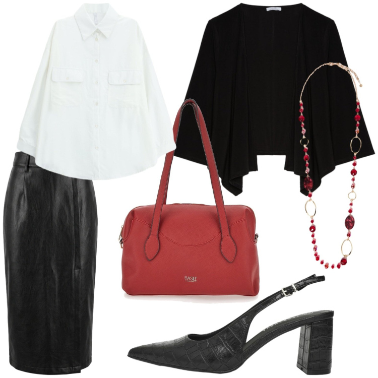 Outfit donna - Collana glam. Stile Casual per Ufficio. Abbinamento con camicie, décolleté, blazer, collane, gonne longuette, borse a spalla.