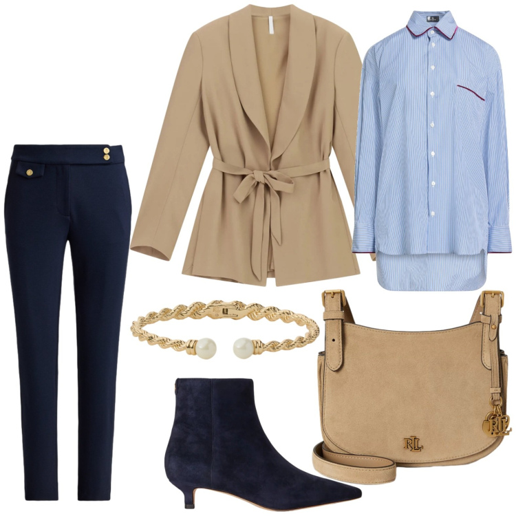 Outfit donna - Coordinata chic. Stile Chic per Ufficio. Abbinamento con camicie, blazer, borse a tracolla, pantaloni, stivaletti, braccialetti.