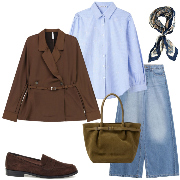 Outfit donna - Chic Urban layering. Stile Urban per Tutti i giorni. Abbinamento con blazer, jeans, camicie, foulard, borse a spalla, mocassini.