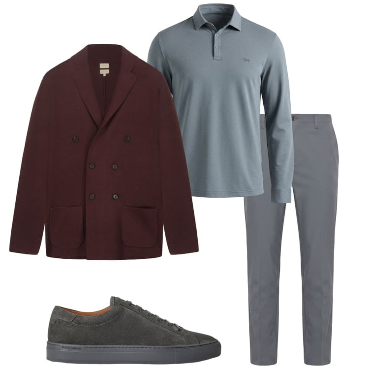 Outfit uomo - Polo manica lunga. Stile Urban per Ufficio. Abbinamento con polo, pantaloni, cardigans, sneakers.