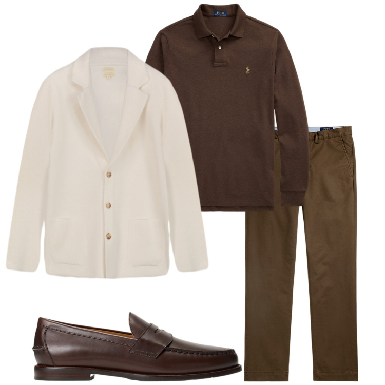 Outfit uomo - Polo manica lunga. Stile Urban per Ufficio. Abbinamento con cardigans, pantaloni chino, scarpe stringate, polo.