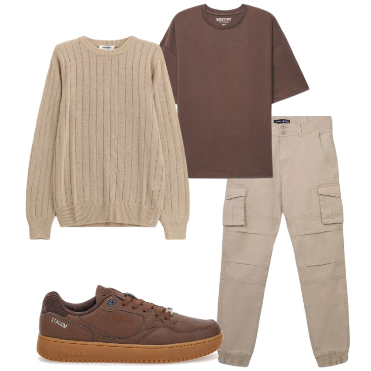 Outfit uomo - Settembre. Stile Casual per Tutti i giorni. Abbinamento con maglieria, pantaloni cargo, t-shirt, sneakers.