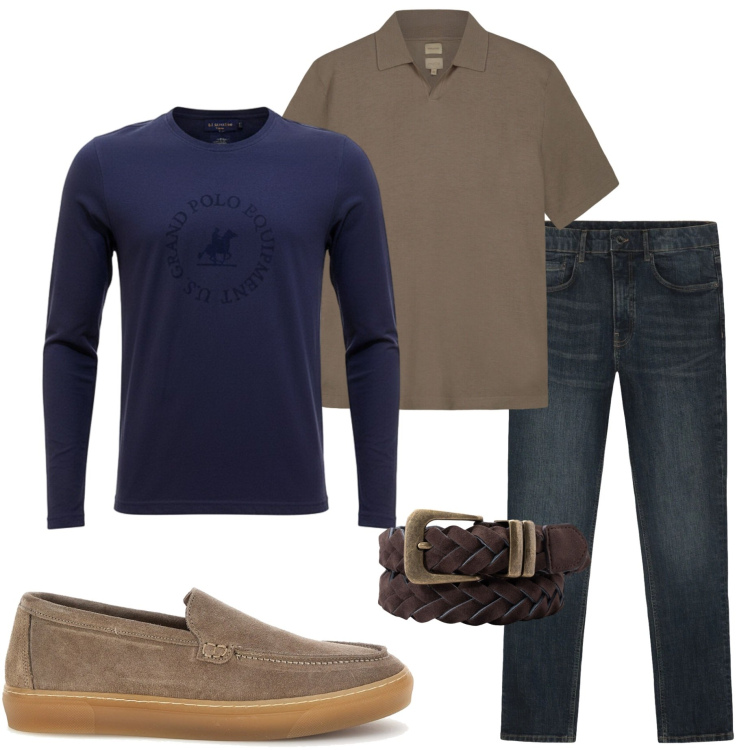 Outfit uomo - Casual style. Stile Casual per Tutti i giorni. Abbinamento con cinture, polo, jeans, maglieria, scarpe stringate.