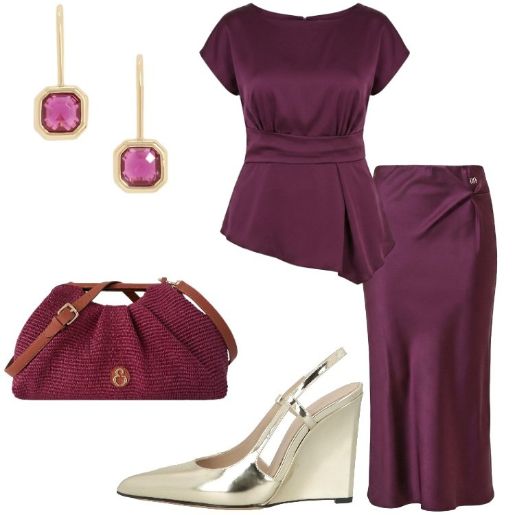 Outfit donna - Aperitivo di Settembre. Stile Chic per Serata fuori. Abbinamento con décolleté, gonne longuette, bluse, clutch, orecchini.