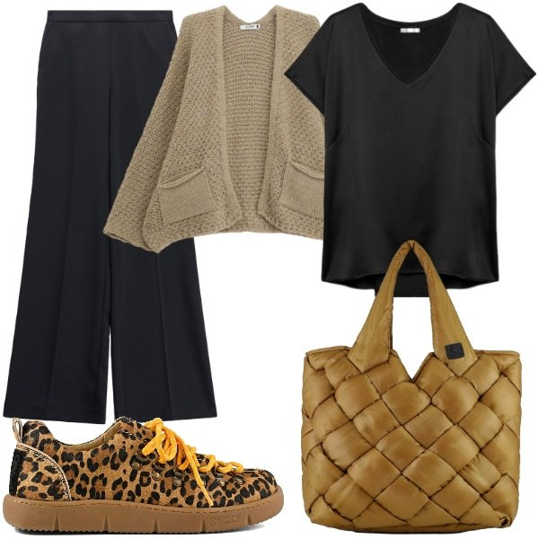 Outfit donna - A cena fuori. Stile Casual chic per Serata fuori. Abbinamento con pantaloni a palazzo, cardigans, t-shirt, borse tote, sneakers.