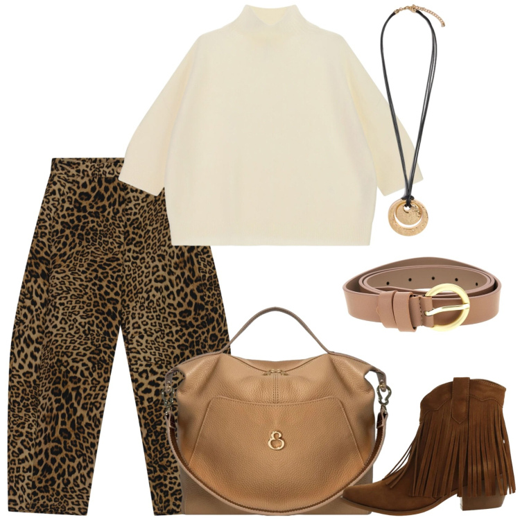 Outfit donna - Aperitivo. Stile Trendy per Serata fuori. Abbinamento con stivaletti texani, pantaloni, maglieria, ciondoli, borse a mano, cinture.