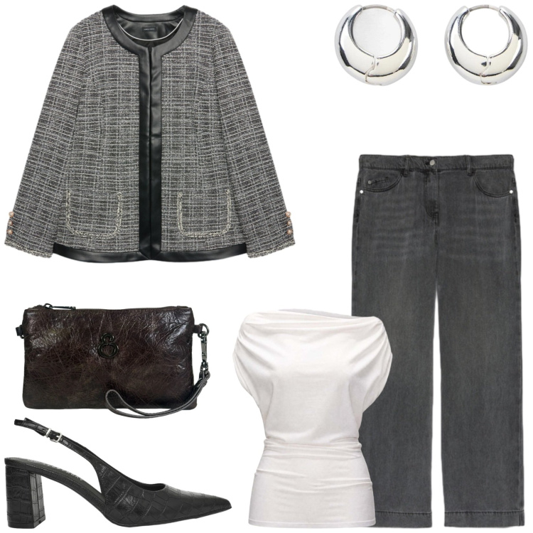 Outfit donna - Total look #2467541. Stile Chic per Ufficio. Abbinamento con orecchini, décolleté, top, blazer, jeans, pochette.