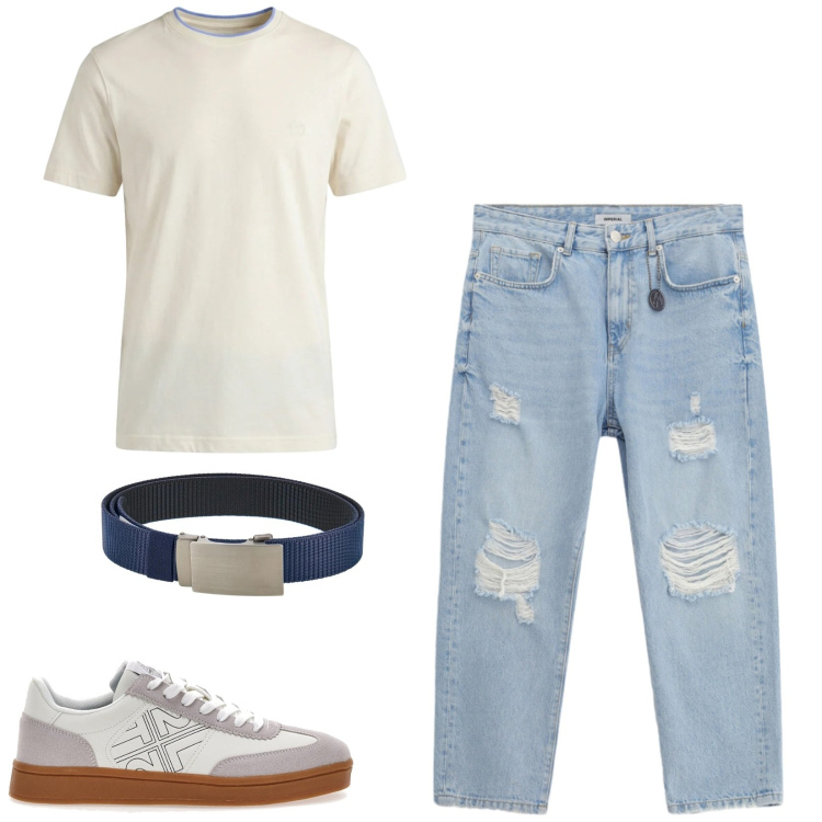 Outfit uomo - Total look #2467545. Stile Casual per Tutti i giorni. Abbinamento con t-shirt, jeans strappati, sneakers, cinture.