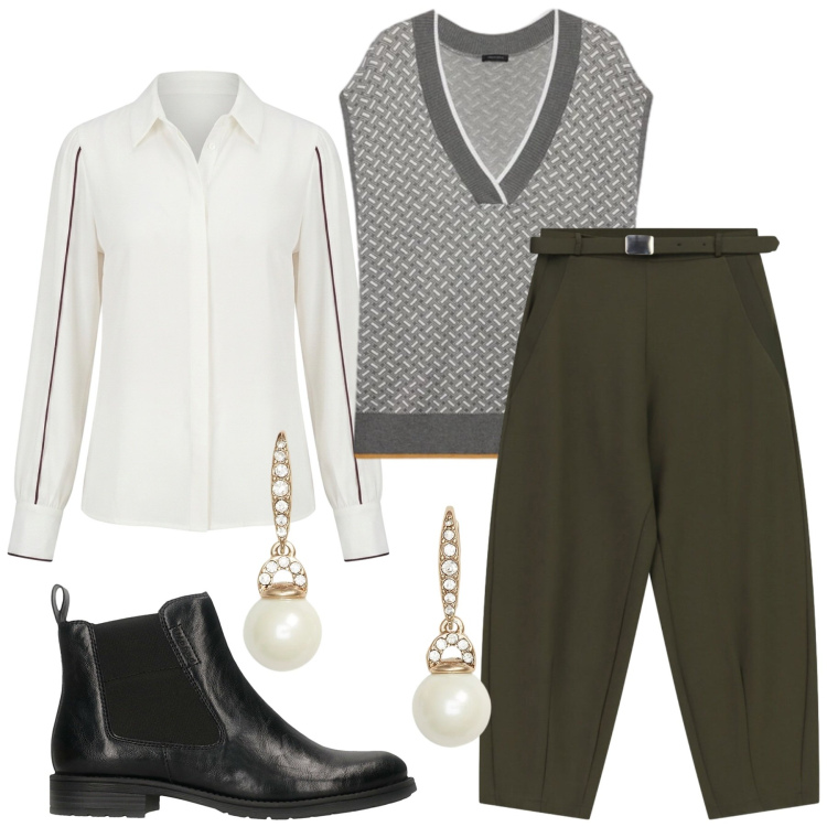 Outfit donna - Total look #2467567. Stile Urban per Ufficio. Abbinamento con pantaloni, maglieria, camicie, orecchini, stivaletti.