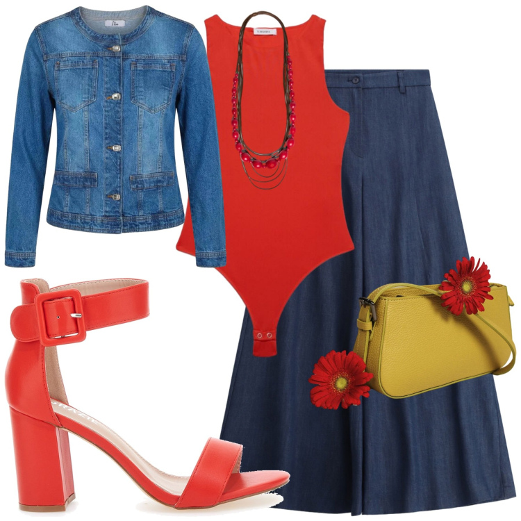 Outfit donna - Fascino Denim e Fiamme Rosse. Stile Chic per Tutti i giorni. Abbinamento con pantaloni a palazzo, borse a spalla, body, blazer, collane, sandali col tacco.