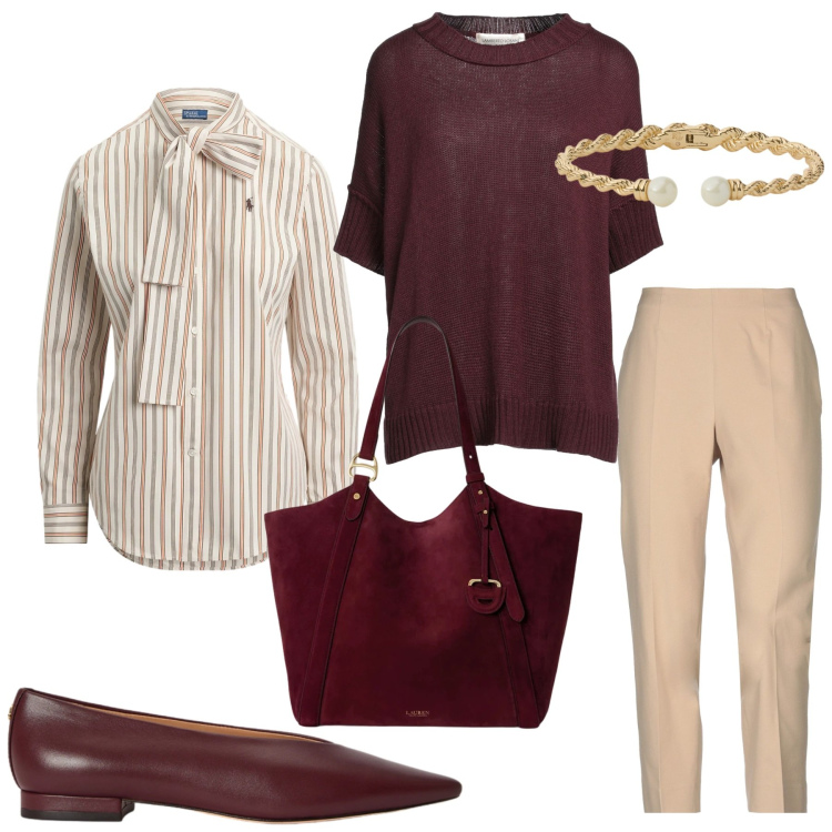 Outfit donna - Total look #2467574. Stile Minimal per Ufficio. Abbinamento con pullovers, pantaloni, borse tote, ballerine, camicie, braccialetti.