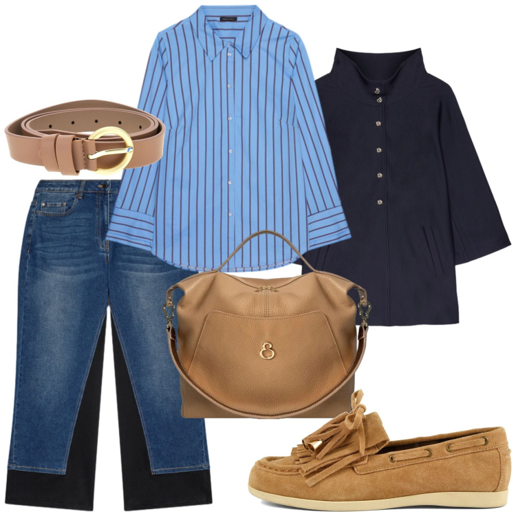Outfit donna - Total look #2467576. Stile Casual chic per Tutti i giorni. Abbinamento con blazer, jeans, camicie, borse a mano, mocassini, cinture.