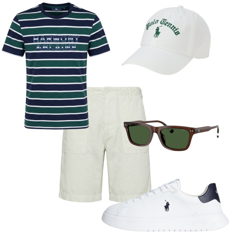 Outfit uomo - Total look #2467582. Stile Casual per Mare. Abbinamento con bermuda, t-shirt, sneakers, occhiali da sole, cappelli con visiera.