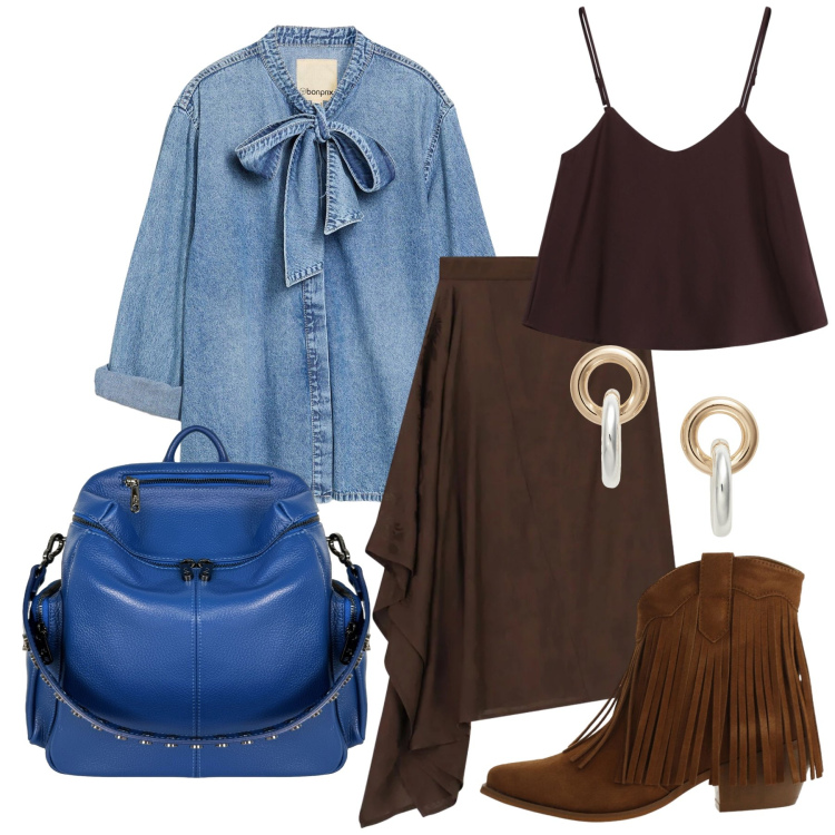 Outfit donna - Settembre. Stile Trendy per Tutti i giorni. Abbinamento con camicie, stivaletti texani, top, gonne longuette, zaini, orecchini.