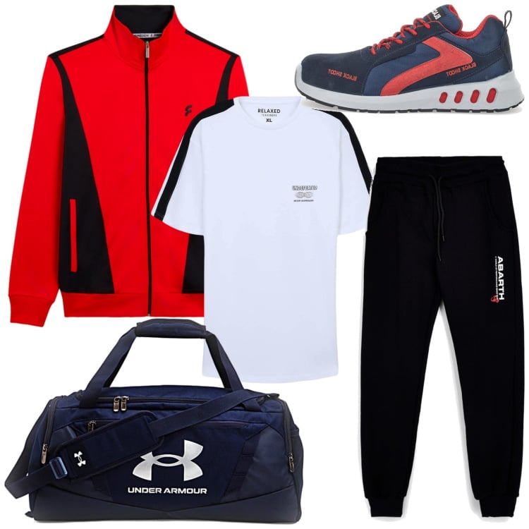 Outfit uomo - Total look #2467585. Stile Casual per Sport. Abbinamento con t-shirt sportive, giacche sportive, borse sportive, pantaloni, scarpe sportive.