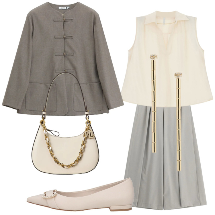 Outfit donna - Total look #2467586. Stile Etnico per Ufficio. Abbinamento con ballerine, pantaloni a palazzo, camicie a manica corta, blazer, borse a spalla, orecchini.