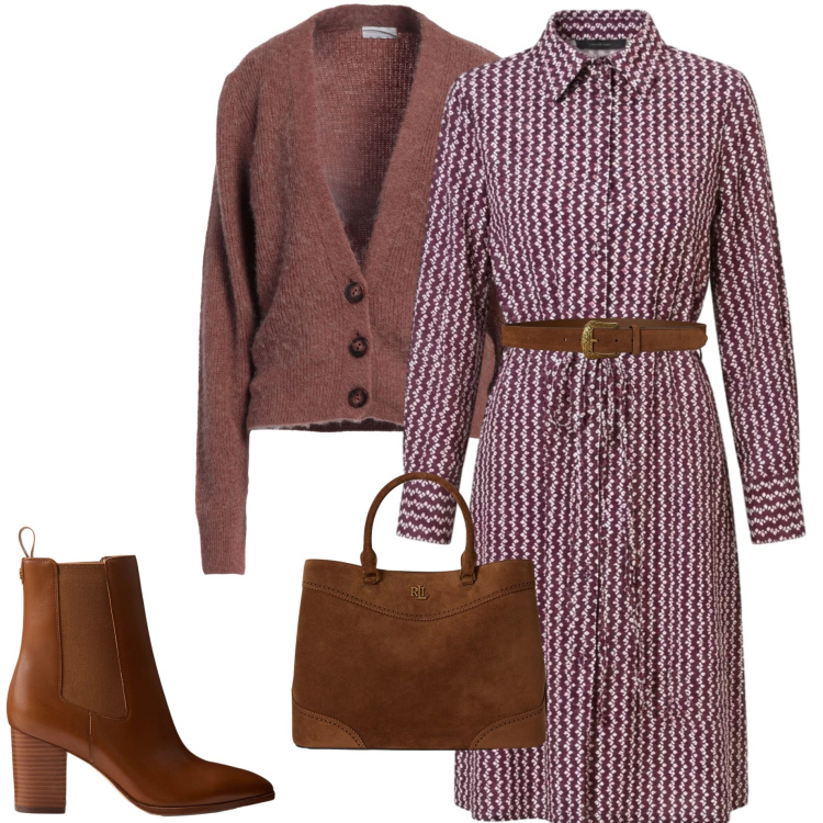 Outfit donna - Chemisier di transizione. Stile Casual chic per Tutti i giorni. Abbinamento con cardigans, vestiti chemisier, cinture, borse a mano, stivaletti.