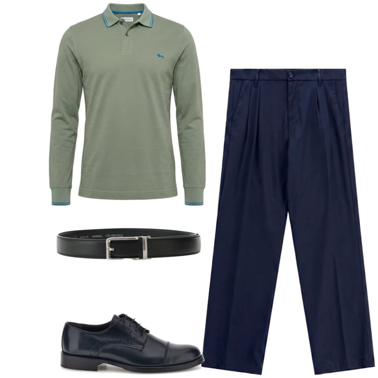 Outfit uomo - Polo a manica lunga. Stile Business/Elegante per Ufficio. Abbinamento con polo, pantaloni, cinture, scarpe stringate.
