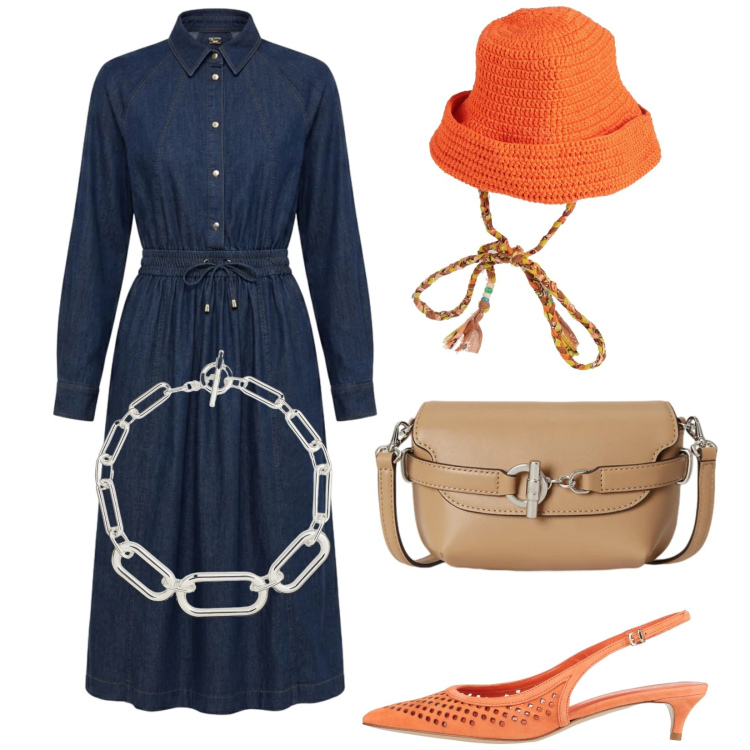 Outfit donna - Aperitivo chic. Stile Chic per Tutti i giorni. Abbinamento con décolleté, cappelli, vestiti chemisier, collane, borse a tracolla.